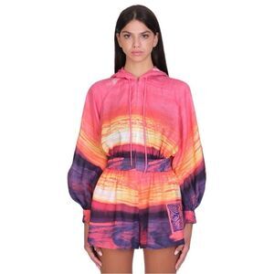 NWT Zimmerman Sunset-Print Zip-up Cropped Linen Hoodie US 4